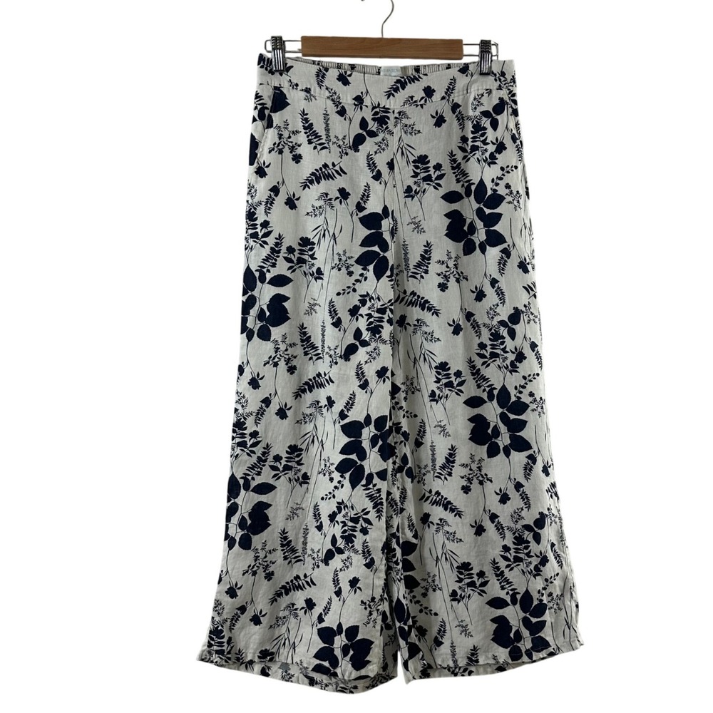 Cynthia Rowley 100% Linen Wide Leg Pants Navy White Botanical Floral Size M NWOT